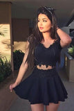 Cap Sleeves V Neck Black Homecoming Dress Party Dress With Lace Applique  PG179