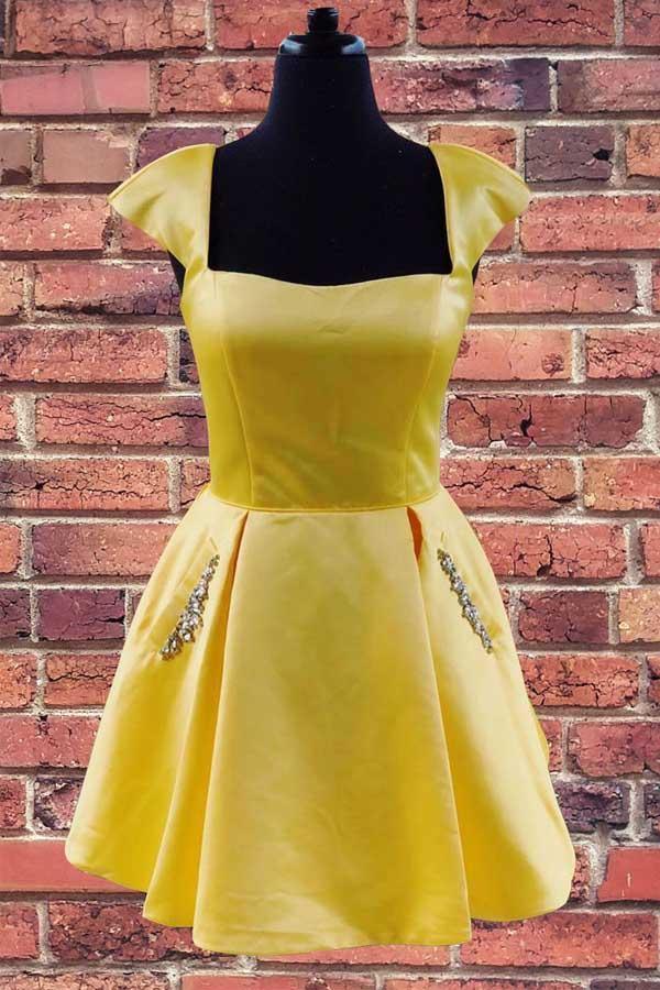 Cap Sleeves Short Yellow Homecoming Dress with Lace Up Back US14 / Custom Color Cap Sleeves Short Yellow Homecoming Dress with Lace Up Back US14 / Custom Color