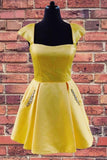 Robe de soirée courte jaune à manches courtes avec dos à lacets HD0057 