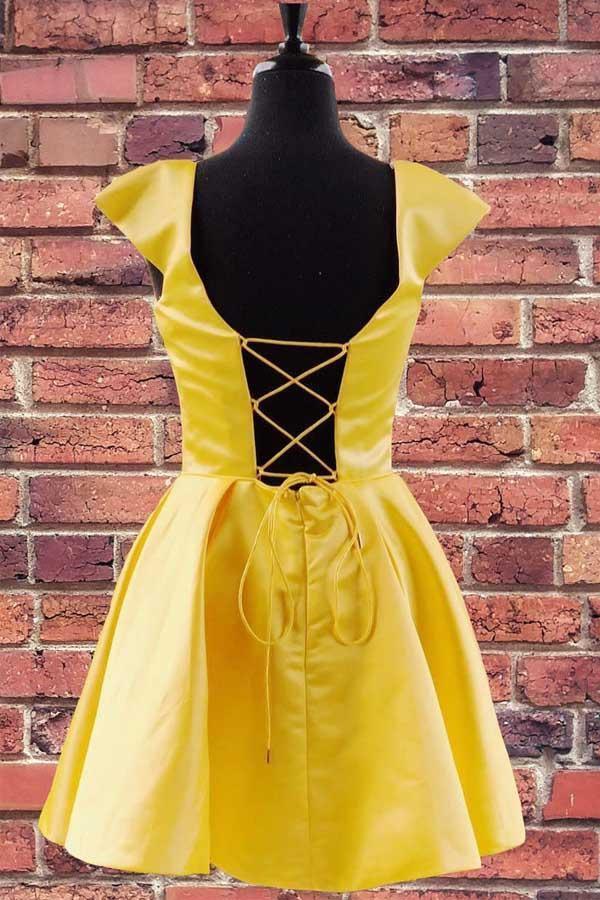 sleeves yellow homecoming dress Open Back Yellow Prom Dress with Sleeves