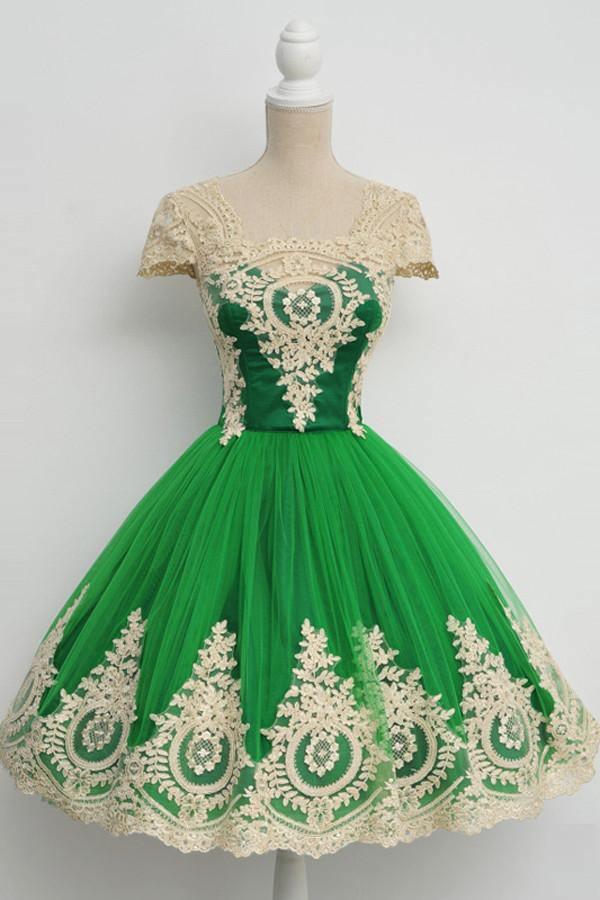 Cap Sleeves Square Knee-Length Green Homecoming Dress With Lace US16 / Custom Color Cap Sleeves Square Knee-Length Green Homecoming Dress With Lace US16 / Custom Color