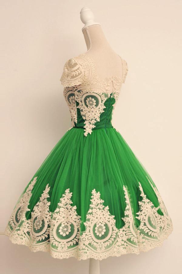 Cap Sleeves Square Knee-Length Green Homecoming Dress With Lace TR0100 - Tirdress