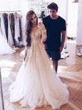 Champagne Appliques Tulle A-Line Long Sleeves Light Wedding Dress TN316 - Tirdress