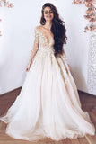 Champagne Appliques Tulle A-Line  Long Sleeves Light Wedding Dress TN316