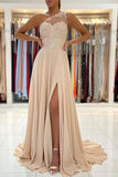 Champagne Chiffon One Shoulder Lace Long Prom Dress Evening Dress TP1033