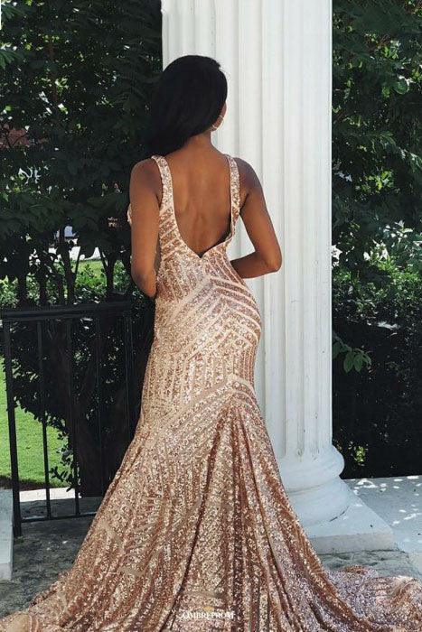 Charming Mermaid Backless Sequins Rose Gold Long Prom Dress TP0872 US18 / Custom Color Charming Mermaid Backless Sequins Rose Gold Long Prom Dress TP0872 US18 / Custom Color