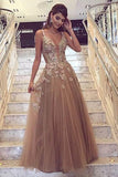 Charming A-Line Deep V-Neck Tulle Prom Dress with Appliques  TP0895