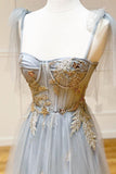 Charming Grey Tulle Appliques Long Prom dress Formal Dress With Lace Up TP1115 - Tirdress