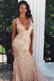 Charming Mermaid Backless Sequins Rose Gold Long Prom Dress TP0872