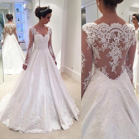 Charming V Neck Appliques A Line Wedding Dress With Long Sleeves WD023 - Tirdress