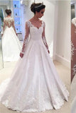 Charming V Neck Appliques A Line Wedding Dress With Long Sleeves WD023 - Tirdress