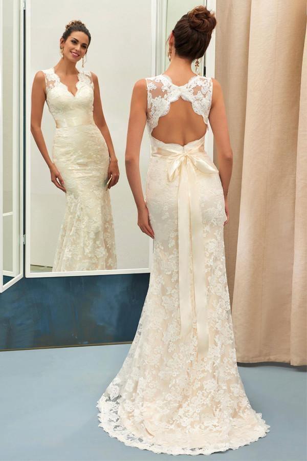 Charming V Neck Lace Sheath Wedding Dress With Sashes WD040 - Tirdress