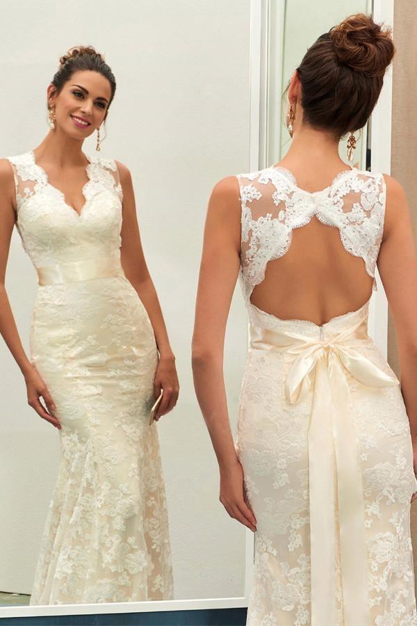 Charming V Neck Lace Sheath Wedding Dress With Sashes WD040 - Tirdress