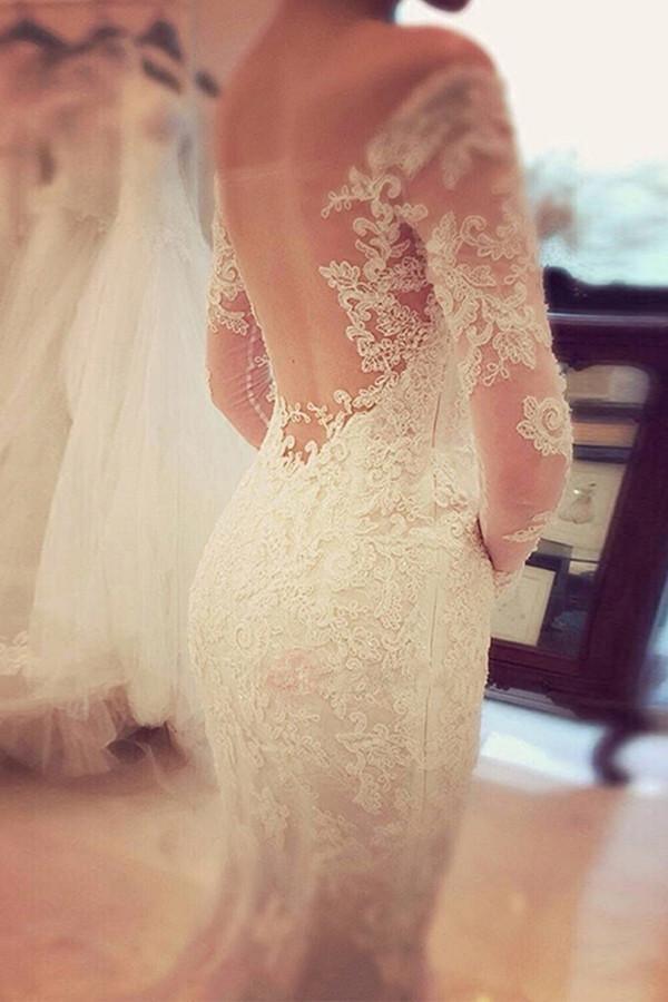 Charming Off The Shoulder Long Sleeves Lace Mermaid Wedding Dress US6 / Custom Color Charming Off The Shoulder Long Sleeves Lace Mermaid Wedding Dress US6 / Custom Color