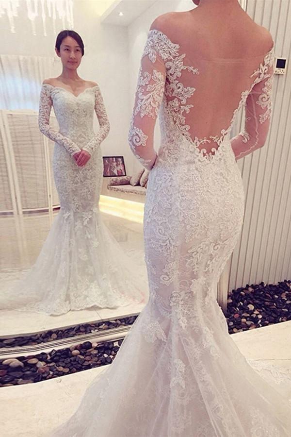 Charming Off The Shoulder Long Sleeves Lace Mermaid Wedding Dress WD018 - Tirdress