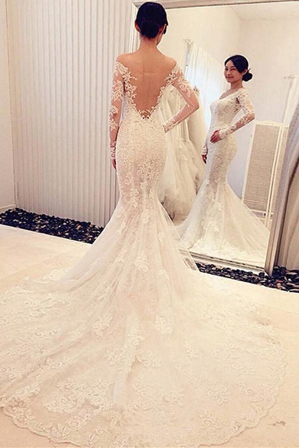Charming Off The Shoulder Long Sleeves Lace Mermaid Wedding Dress WD018 - Tirdress