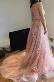 Charming Pink Lace Tulle Open Back Little Train Prom Dresses WD198 - Tirdress