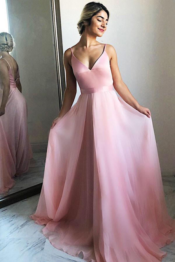 Charming Simple Pink V Neck Chiffon Long Prom Dress, Evening Dresses TP0165 - Tirdress