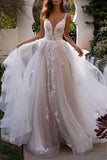 Charming Spaghetti Straps Tulle Backless Wedding Dresses With Lace Appliques TN281