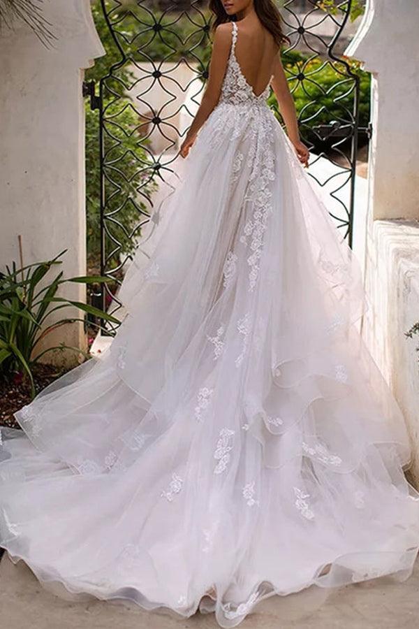 Charming Spaghetti Straps Tulle Backless Wedding Dresses With Lace Appliques TN281 - Tirdress