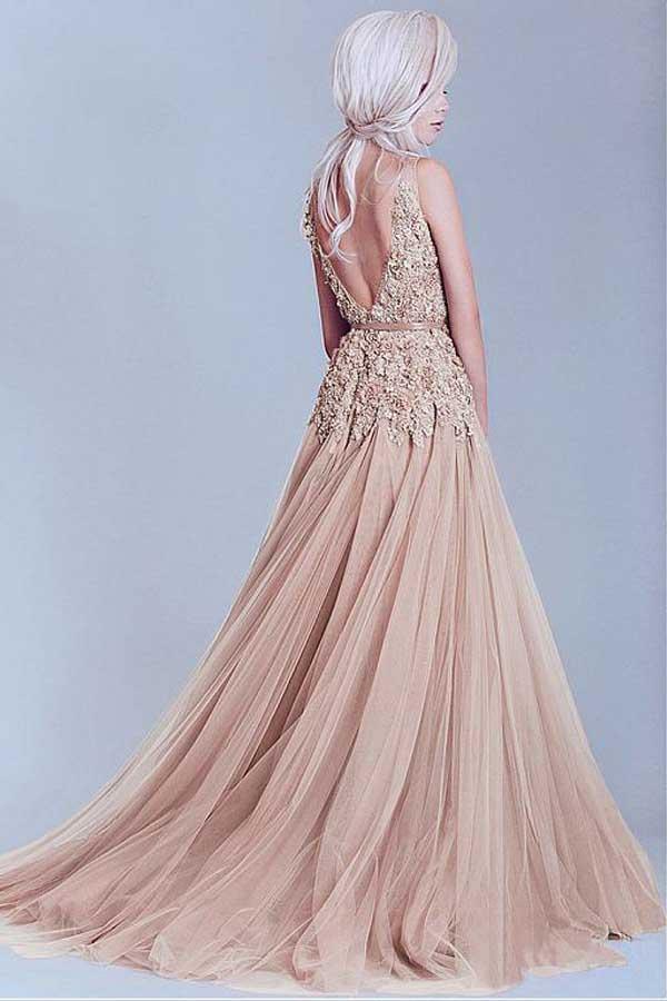 Charming Tulle V-Neck A-Line Evening Dresses With Lace Appliques PG504 - Tirdress