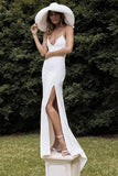 Spaghetti Straps Ivory Satin Backless Split Simple Wedding Dresses TN282 - Tirdress