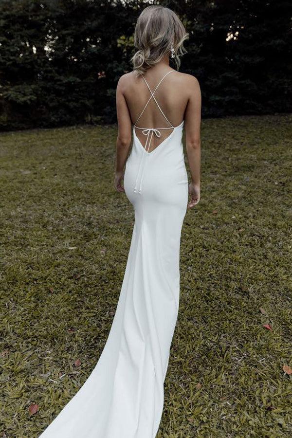 Spaghetti Straps Ivory Satin Backless Split Simple Wedding Dress