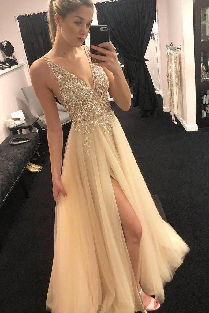 V-Neck Beading Tulle Long Prom Dress Junior Split Evening Party Dress Tirdress V-Neck Beading Tulle Long Prom Dress Junior Split Evening Party Dress Tirdress