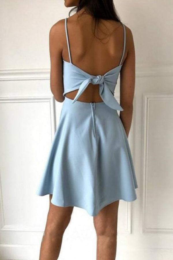 Chic A-line Spaghetti Straps Blue Homecoming Dress with Bowknot HD0143 - Tirdress