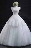 Chic Ball Gown Scoop Long Lace-up Tulle Wedding Dress With Appliques TN0008 - Tirdress