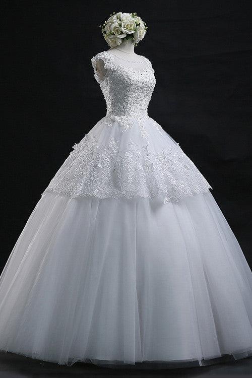 Chic Ball Gown Scoop Long Lace-up Tulle Wedding Dress With Appliques TN0008 - Tirdress