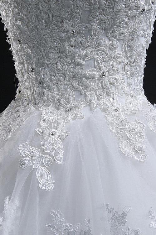 Chic Ball Gown Scoop Long Lace-up Tulle Wedding Dress With Appliques TN0008 - Tirdress