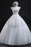 Chic Ball Gown Scoop Long Lace-up Tulle Wedding Dress With Appliques TN0008