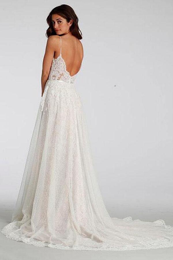 Chic Lace Beach Spaghetti Straps Long Wedding Dresses WD129 - Tirdress