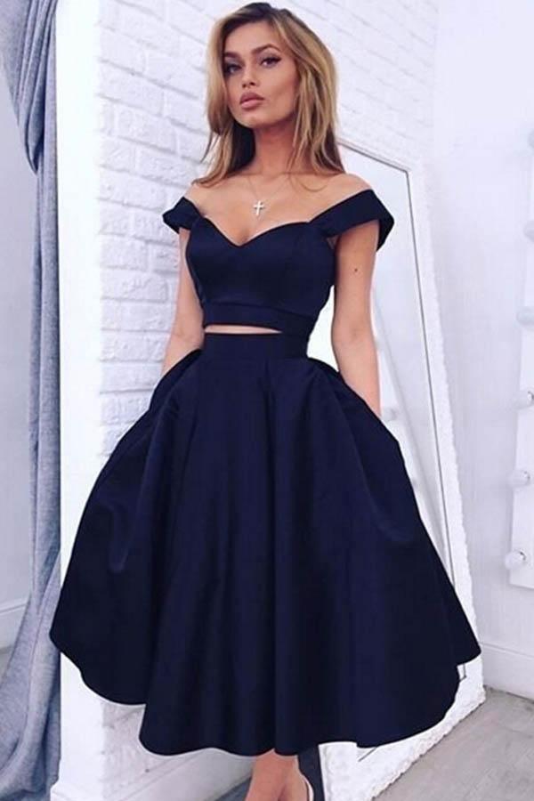 Chic Off The Shoulder Navy Blue Homecoming Dresses Short Prom Dresses PG165 - Tirdress