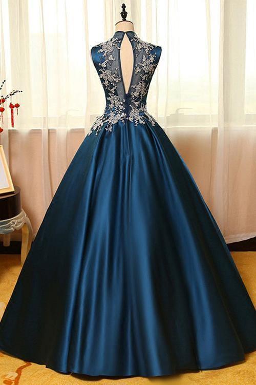 Chic Satin High Neck Ball Gown Long Prom Dresses with Appliques TP0170 - Tirdress