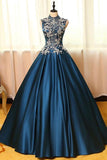 Chic Satin High Neck Ball Gown Long Prom Dresses with Appliques TP0170