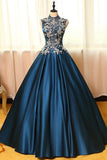 Chic Satin High Neck Ball Gown Long Prom Dresses with Appliques TP0170 - Tirdress