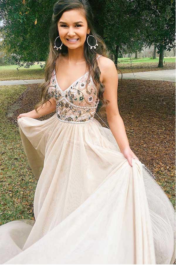 Chic Spaghetti Straps Low Back A Line Long Prom/Evening Dress TP0927 - Tirdress