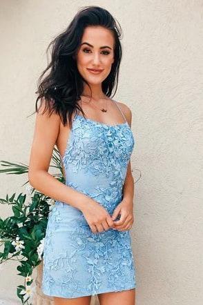 Chic Tight Short Lace Criss-Cross Back Prom Homecoming Dress HD0083 US4 / Blue color as picture Chic Tight Short Lace Criss-Cross Back Prom Homecoming Dress HD0083 US4 / Blue color as picture