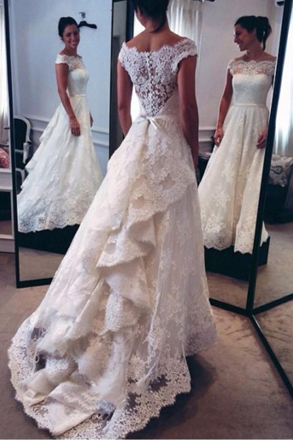 Classic Off-The-Shoulder Tiered Lace A-Line Wedding Dress WD094 - Tirdress