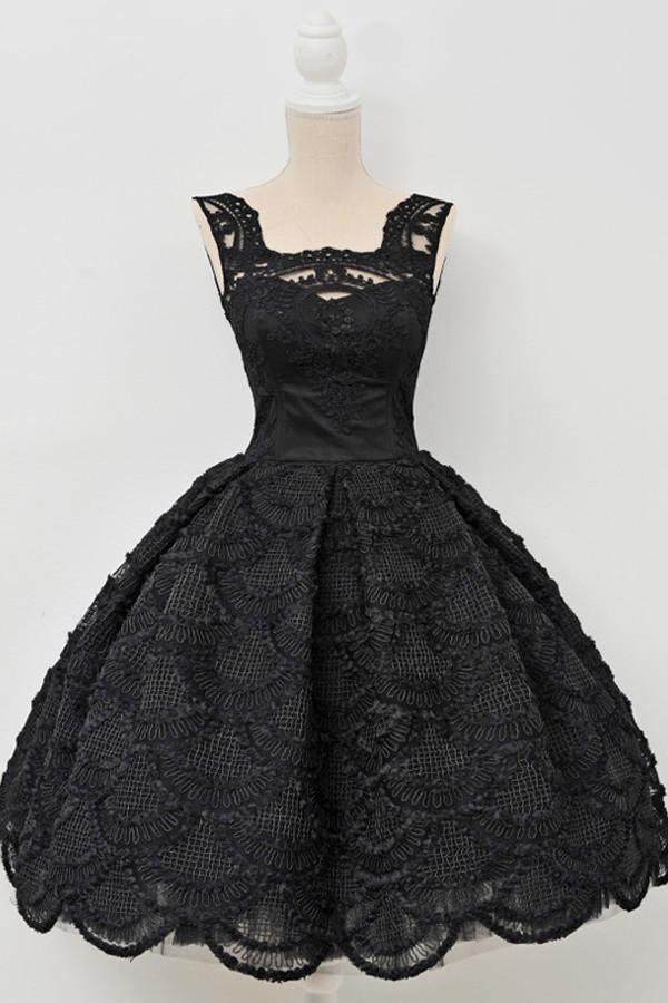 Classic Square Knee-Length Sleeveless Black Lace Homecoming Dress TR0113 - Tirdress