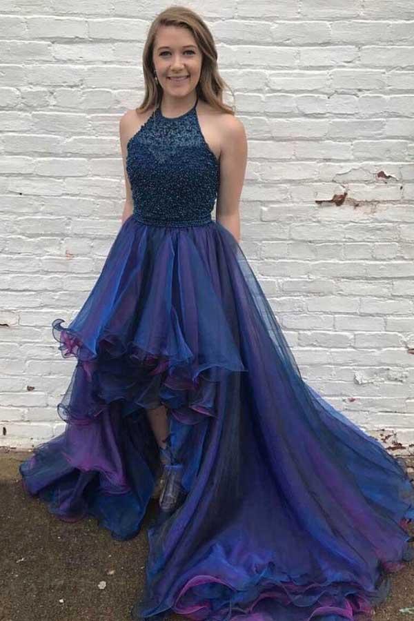 Court Train High Low Royal Blue Tulle Beaded Ruffles Prom Dress PG475 - Tirdress