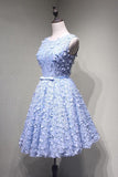 Crew Knee-Length Open Back Appliques Blue Lace Homecoming Dress PG114 - Tirdress