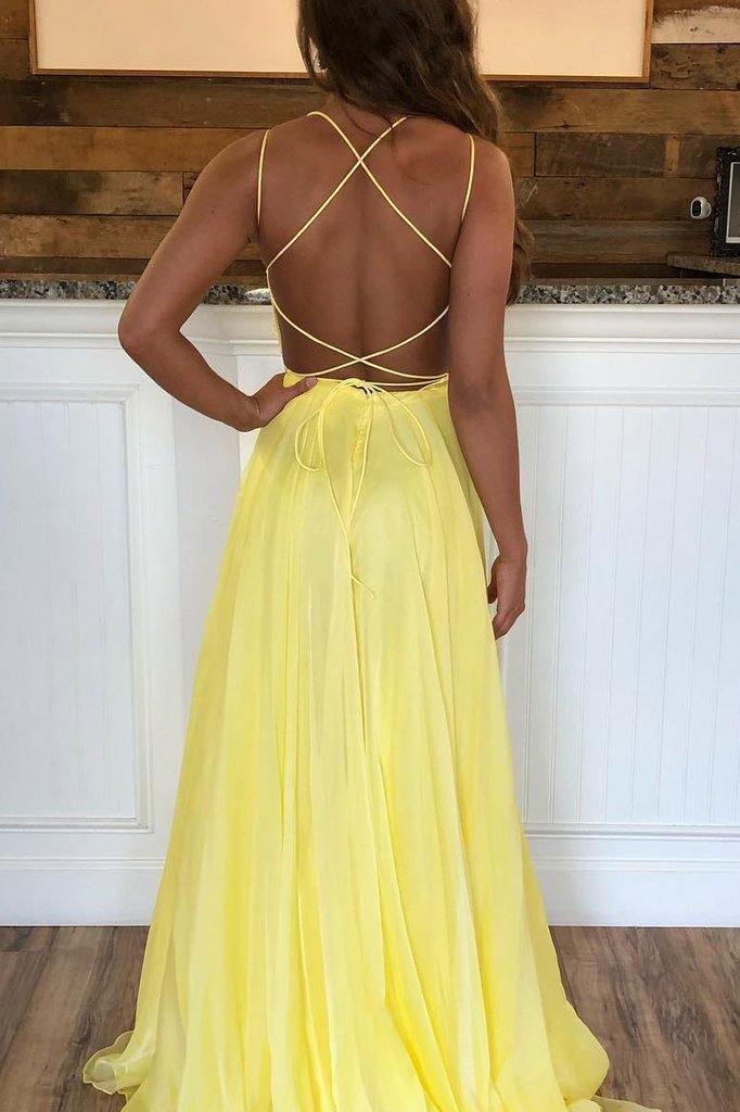 Criss Cross Back Beaded Yellow Long A Line Prom Dress TP0870 US12 / Custom Color Criss Cross Back Beaded Yellow Long A Line Prom Dress TP0870 US12 / Custom Color