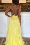 Criss Cross Back Beaded Yellow Long A Line Prom Dress TP0870 - Tirdress