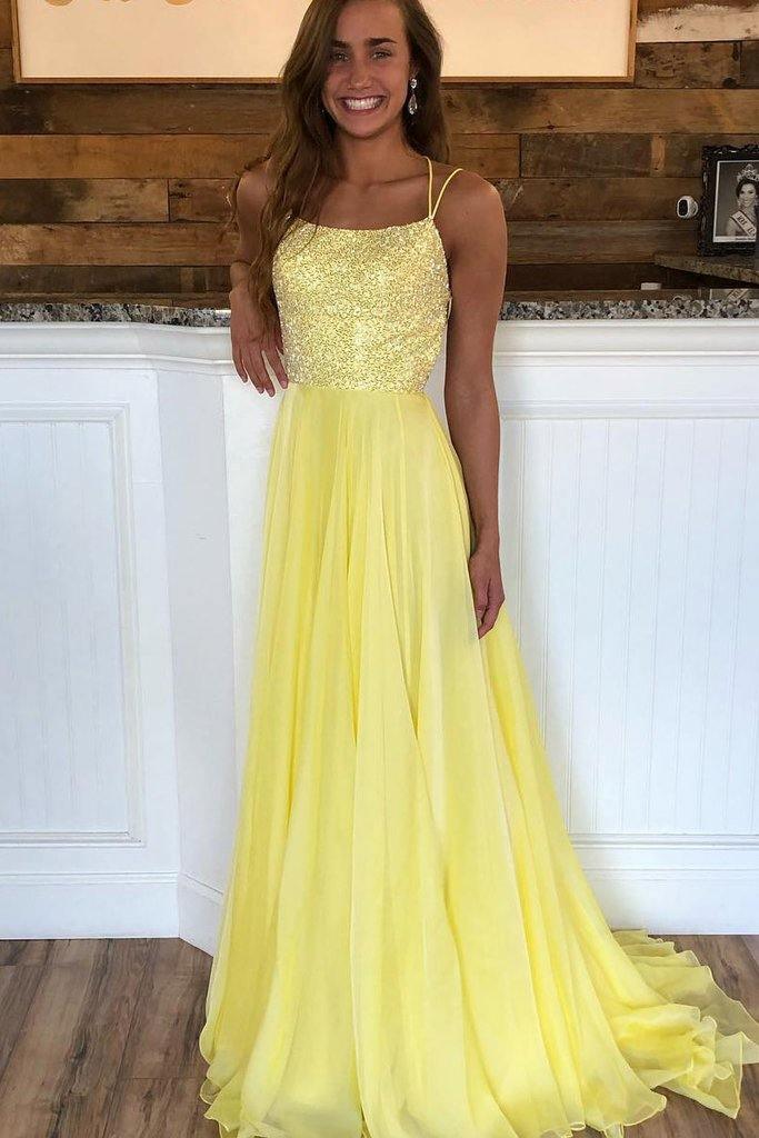 Criss Cross Back Beaded Yellow Long A Line Prom Dress TP0870 Tirdress Criss Cross Back Beaded Yellow Long A Line Prom Dress TP0870 Tirdress