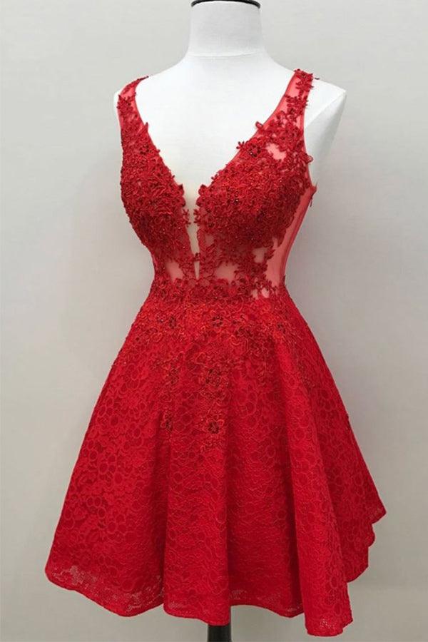 Custom Red Lace V Neck A Line Short Homecoming Dresses HD0099 - Tirdress