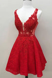 Custom Red Lace V Neck A Line Short Homecoming Dresses HD0099 - Tirdress