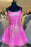Jolie robe de soirée A-ligne à paillettes rose vif Robe de bal courte HD0177